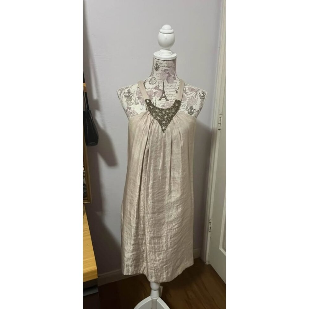 Elegant Champagne Beaded Halter Dress – Size L
